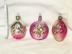 Régi retro üveg karácsonyfadísz, 3db virágos,mintás rózsaszín lampion