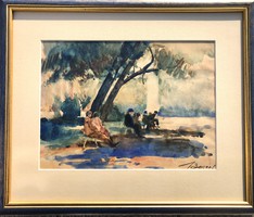 Beron Gyula (1885-1971) Ligetben c. 35x42,5 cm akvarell festménye