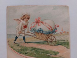 Régi húsvéti képeslap levelezőlap angyal nefelejcs tojás talicska