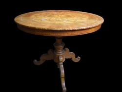 Three-legged, inlaid, round table