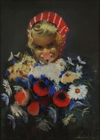 1H143 xx. Century Hungarian painter: blonde little girl with a poppy bouquet