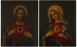 1H152 Jézus és Szűz Mária keretezett színes olajnyomat szentkép pár
