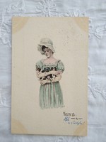 Szecessziós, hosszúcímzéses színezett rézkarc/metszet szignózott képeslap, hölgy kiskutya 1900