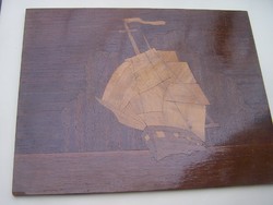 Intarzia kép:Vitorlás hajó a tengeren. 40 x 31 cm. Apró sérüléssel