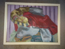 "Fotel ruhákkal", olasz festmény, falemez, fixált tempera, 50x70 cm + keret