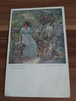 Antik képeslap,  kék ruhás hölgy,  rózsák, bélyegezve 1916