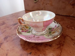 Hibátlan rózsaszín lüsztermázas kézzel festett kávés csésze + alj (dán ritkaság)