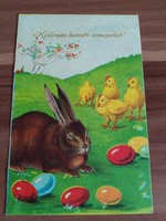 Antik képeslap, Húsvéti lap, nyuszi, csibék, hímes tojások, 1939