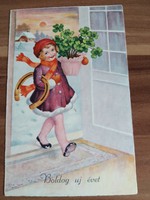 Antik képeslap,  Boldog Új Évet, Kislány, szerencsepatkó, lóhere, 1935