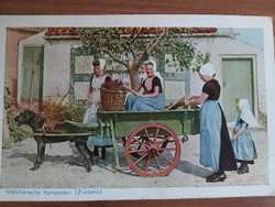 Régi holland képeslap, kutya húzta szekér, holland népviseletben gyerekek, asszonyok