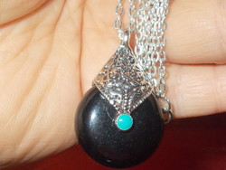 Night black stone ornate turquoise coral Tibetan silver necklace