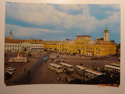 Régi képeslap: Baja, Béke tér Ikarus buszokkal (1977)