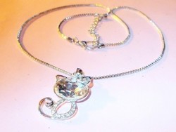 Bow cat kitten crystal tibetan silver vintage necklace