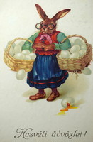 Antik üdvözlő képeslap Húsvét nyúl tojások