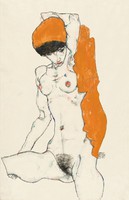 Egon Schiele - Női akt narancs drapériával - reprint