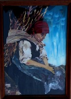 FK/148 - Ismeretlen művész – Rőzsehordó nő című üvegfestménye
