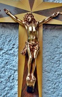Antik fém arany ozott Jézus Krisztus (16 cm), 30cm politúrozott feszület, kereszt, korpusz.