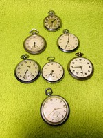 7 pcs retro pocket watches, 5 of them work, brands: polaris 17 stones, lanco, marhur 18 stones, russian, german