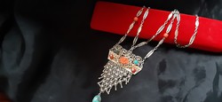 Antique silver necklace with coral cameo and turquoise