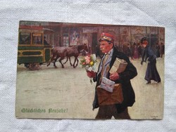 Antik grafikus újévi képeslap/művészlap, lovaskocsi, postás (?), ajándékok 1927