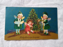 Régi grafikus karácsonyi képeslap, angyalkák, karácsonyfa, hárfa 1931