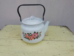 Retro zománcozott virágmintás teafőző, teáskanna