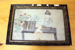 Tapestry picture in damaged wooden frame 1.