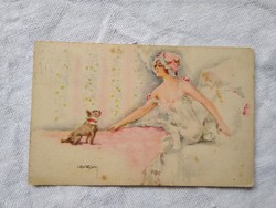 Antik grafikus képeslap/művészlap hölgy hálóruhában, kiskutya, 1917