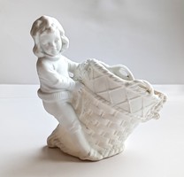 Old white bisquit porcelain boy with basket 10x11cm