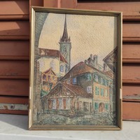 High-quality painting, watercolor, city scene, signed: K. Meier, approx. 100 years old