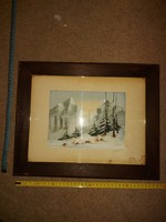 Cseh szignós havas táj festmény, tempera vagy olaj