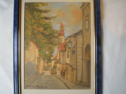 Mödling, street detail, Lower Austria, watercolor. Sign, indicating. Cozy, romantic