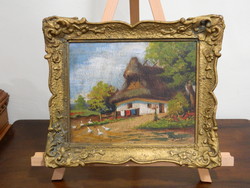 Antik szignózott tanya jelenet festmény