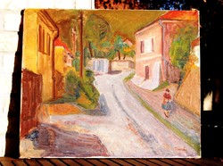 Tamás Ervin (1922-1996): Tokaji utca, 1960 - olaj-vászon festmény, képcsarnoki címkével