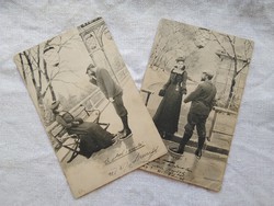 2 db szecessziós, hosszúcímzéses téli képeslap romantikus pár a jégen, korcsolya 1901