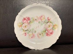 Antik pasztell rózsás tányér gyöngyös, 22 cm.