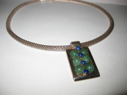 Modern Special 48.84 gr Marked CK Sterling Silver Necklace Pendant with Jade? Lapis lazuli stone
