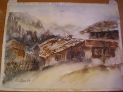 Osztrák  vagy német  festő  ,Csodás aquarell , jelezve , Méret 37,5 cm x 27,5 cm . Téma :ALPOK , l .