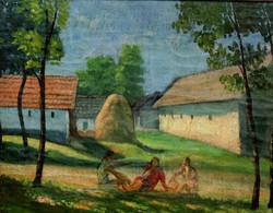 Conversing girls, antique painting in Baia Mare atmosphere