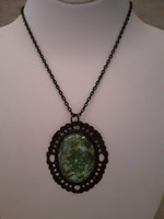 Retro Long Necklace Large Oval Openwork Framed Pendant Adorned with Green Rainbow Stone