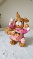 Rabbit with painting palette, knitted dress, polyresin 20 cm.