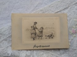 Antique, embossed, Austrian Easter art card / postcard elegant lady, little girl, hen circa 1900