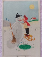 Régi képeslap 1958 rajzos levelezőlap hóember fiú szánkó