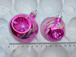Régi üveg karácsonyfadísz retro behúzott pink gömb 2 db