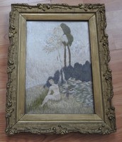 Antique secica yarn image - needlework mural in antique art nouveau frame