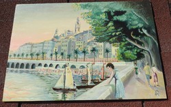 Nyár egy vízparti városban _ német kortárs festő festménye