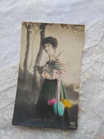 Busy!!! Antique colored Easter photo card/postcard elegant lady, barka, egg 1910s