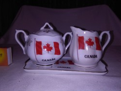 "Canada" zászlós porcelán készlet - bonbonier, tejkiöntő, kis tálca - együtt