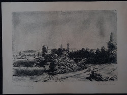 Jenő Tarjáni Simkovics - landscape of Rákosmánya, 1920s, etching
