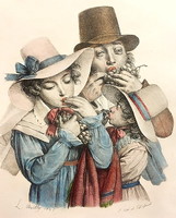 Boilly /1761-1845/: Groteszk fejek/szőlő evők/színezett litográfia,1800-évek